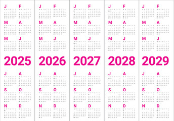 2025 2026 2027 2028 2029 year calendar vector design template