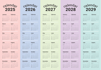 2025 2026 2027 2028 2029 year calendar vector design template