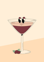 Groovy character Tini espresso martini with emotion. Retro summer poster with popular alcoholic cocktail and empty space. Vintage vector illustration