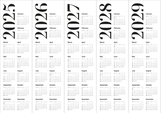 2025 2026 2027 2028 2029 year calendar vector design template