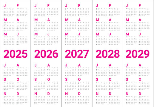 2025 2026 2027 2028 2029 year calendar vector design template