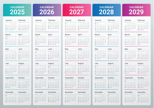 2025 2026 2027 2028 2029 year calendar vector design template