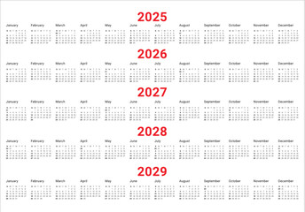 2025 2026 2027 2028 2029 2030 year calendar vector design template