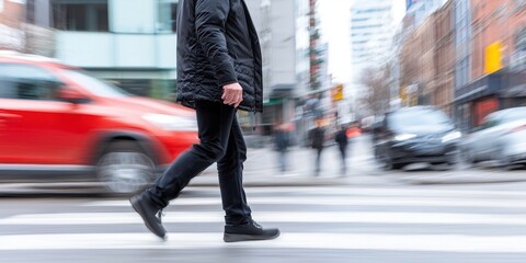 Fototapeta premium A person walks across a busy street, blurred motion captures urban life.