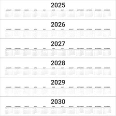 2025 2026 2027 2028 2029 2030 year calendar vector design template