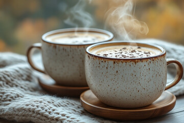 Steam rising from mugs of hot coffee on a cozy knitted blanket in a warm autumn setting