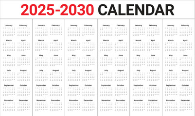 2025 2026 2027 2028 2029 2030 year calendar vector design template