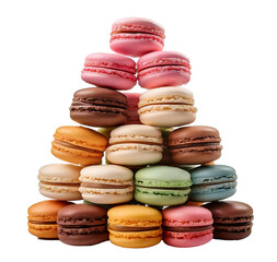 A colorful pyramid of assorted macarons stacked elegantly, featuring vibrant pastel hues and rich flavors, set against a transparent background for a visually delightful culinary showcase.