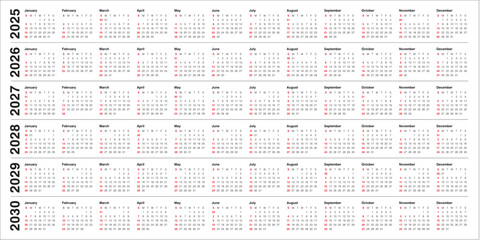 2025 2026 2027 2028 2029 2030 year calendar vector design template