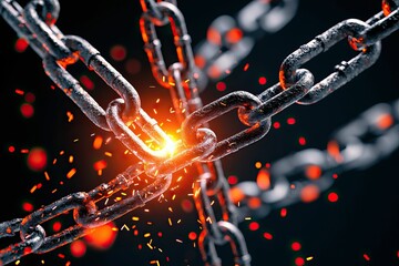 Freedom liberty and unrestricted, A close-up view of metallic chains intersecting, with sparks flying from a break, symbolizing strength, destruction, or conflict.