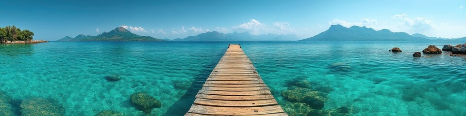 Obraz premium Serene Pier Overlooking Crystal Clear Waters and Lush Green Mountains Under a Bright Sky in a Tropical Paradise Setting