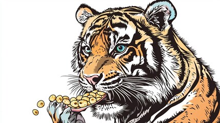 Stylized of a tiger eating a bowl of cereal with cute playful details and a clean minimalist layout  This vibrant modern graphic design can be used as an icon symbol or background pattern