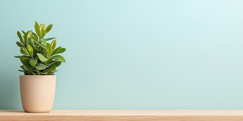 Fototapeta premium A vibrant green plant in a minimalist pot against a soft blue wall.