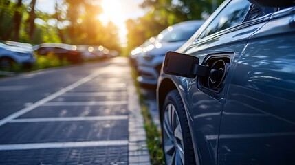 Obraz premium Sustainable energy efficient electric vehicles parked at a charging station in an eco friendly urban setting
