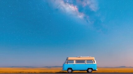 A vibrant blue camper van parked under a starry sky, showcasing the Milky Way over a serene landscape.