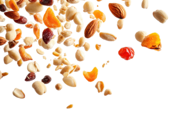 salted mix dry fruits flying on transparent background