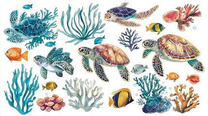 Obraz premium This vibrant and detailed sticker collection showcases a diverse array of underwater sea creatures and coral reef elements creating a captivating and nature inspired digital artwork