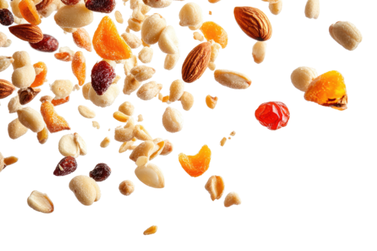salted mix dry fruits flying on transparent background