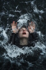 Fototapeta premium Woman Struggling in Water Surrounded by Foam and Bubbles