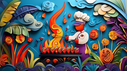 Vibrant 3D paper cut style artwork depicting a chef grilling succulent pork skewers over a fiery grill surrounded by decorative elements and layered textures  This modern