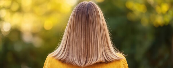 A woman with long, straight hair stands in nature, illuminated by soft sunlight, creating a serene and peaceful atmosphere.