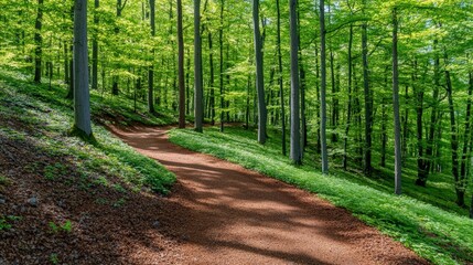 Fototapeta premium Tranquil Pathway Through a Lush Green Forest with Sunlight Filtering Through Leaves and Vibrant Foliage Illuminating the Natural Beauty of the Woodland