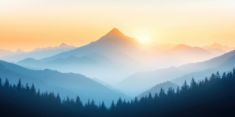 Obraz premium Breathtaking mountain scenery at sunrise with misty valleys and golden sky.