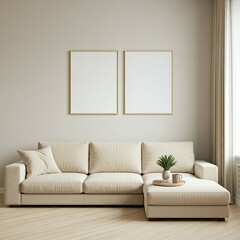 A minimalist living room with a beige sectional sofa, two blank frames on the wall, a coffee table with a plant and a cup, and sheer curtains covering a window.