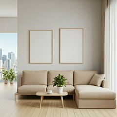 A minimalist living room with a beige sectional sofa, two blank frames on the wall, a coffee table with a plant and a cup, and sheer curtains covering a window.