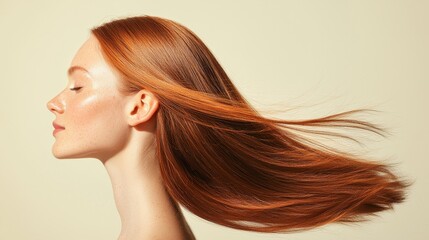 A profile shot of a woman with flowing red hair, showcasing vibrant color and movement against a soft, neutral background.