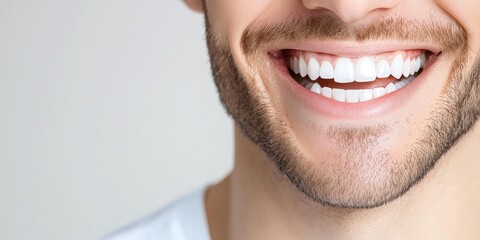 Fototapeta premium Close-up of a smiling man's face showcasing bright, white teeth and a healthy smile.