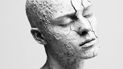 Abstract portrait of a female figure with cracked texture, conveying emotions of vulnerability and fragility against a monochromatic background.