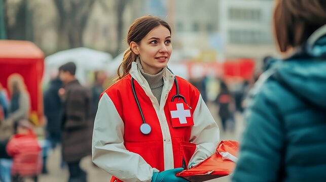 A medical professional in a red uniform assists a person at a public event. - Powered by Adobe