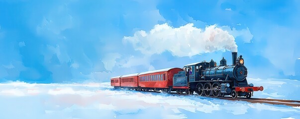 Fototapeta premium A vibrant illustration of a steam train traveling through a snowy landscape under a bright blue sky.