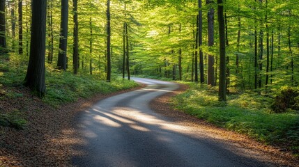 Fototapeta premium Serene Winding Road Through Lush Green Forest in Soft Morning Light, Inviting Nature Walks and Tranquil Moments Surrounded by Beautiful Trees