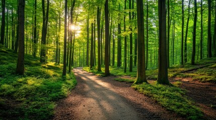 Fototapeta premium Serene Forest Pathway Illuminated by Soft Sunlight, Featuring Lush Green Trees, Vibrant Foliage, and Tranquil Natural Environment Ideal for Relaxation and Rejuvenation