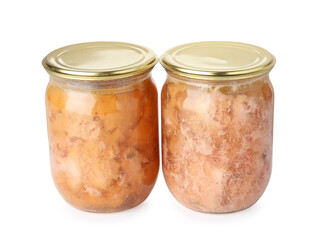 Canned meat in glass jars isolated on white
