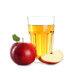 Tasty apple juice in glass and fresh fruits isolated on white