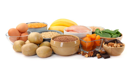 Different products rich in iron on white background. Anemia diet plan