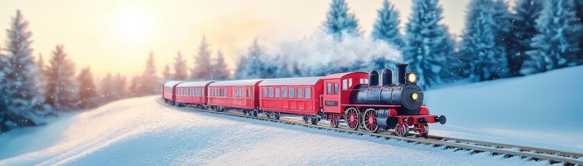 A vibrant red train travels through a serene snowy landscape, surrounded by tall trees under a soft morning light.