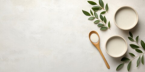 Fresh ingredients in minimalist bowls with natural leaves and a wooden spoon on a table.