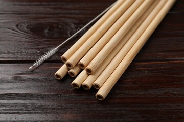 Bamboo drinking straws and cleaning brush on wooden table, closeup