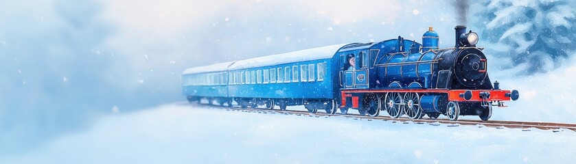 Fototapeta premium A vintage blue steam train travels through a snowy landscape, creating a picturesque winter scene.