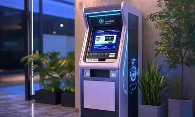 Modern ATM kiosk in a building lobby at night.