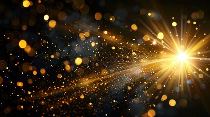 Light abstract glowing bokeh light. Shining star, sun particles and sparks with lens flare effect on black background.