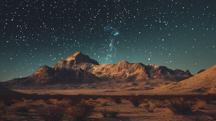 A starry night sky with a large mountain range in the background. Desert Starry Skies. Illustration