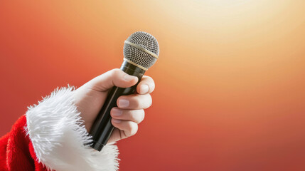 Santa Hand Holding Microphone for Christmas Song Close-up of a Santa-suited hand holding a microphone against a festive orange gradient background, symbolizing holiday music and cheer