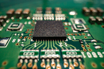 Motherboard closeup. CPU electrons. Circuit board with electrons. Electronic circuit board close...