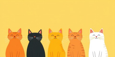 Obraz premium A colorful illustration featuring five cheerful cats on a bright yellow background.