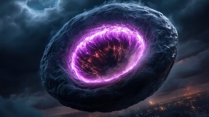 Cosmic Portal Glowing Purple Energy in Dark Asteroid Over Cityscape